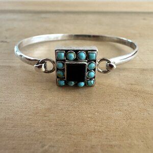 STERLING SILVER 925 SE Turquoise Onyx Hinged Bangle Bracelet